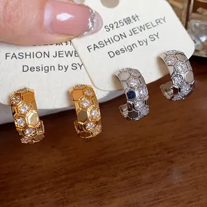 18k Gold Plated Copper Honeycomb C-Shaped Stud Earrings With Zirconia 925 Sterling Silver Earring Post For Women Luxury Jewelry