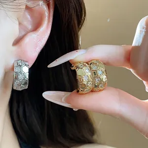 18K gold plated C-shaped honeycomb earrings with sparkling zircon stones