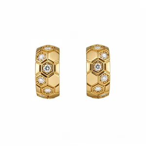 Exquisite 18k gold plated C-shaped hoop earrings with zircon set in honeycomb design