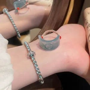 New Chinese Style Retro Resin Blessing Character Ring Bracelet Set Hand-woven Rhinestone Embellished Elegant Jewelry For Women
