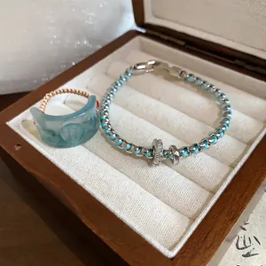 Vintage resin Fu character ring and light blue woven bracelet jewelry set for women