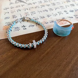 Neo-Chinese style vintage resin Fu character ring and woven charm bracelet jewelry set