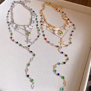 Vintage Alloy Artificial Pearl Sea Snail Starfish Pendant Necklace Gold Silver Plated Multi-layered Rhinestone Necklace
