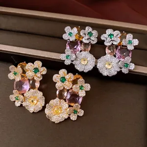 Vintage Copper Zirconia Flower Stud Earrings For Women Antique Style Multi Color Silver Post Elegant Floral Earrings Jewelry