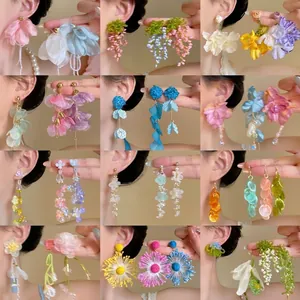 Sweet Fairy Mesh Flower Drop Earrings Alloy Rhinestone Ribbon Bow Tassel Earrings Silver Earring Post For Women Fashion Jewelry
