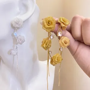 Französisch Romantisch Kupfer Rose Blume Quaste Ohrringe Mit Silber Ohrringpfosten Zirkonia Eingelegt Süßer Schmuck Für Damen