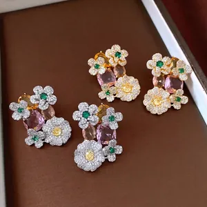 Luxury vintage style zircon flower oval stud earrings with silver needle posts for women