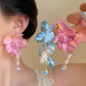 Elegant gauze flower tassel earrings with crystals for a romantic look