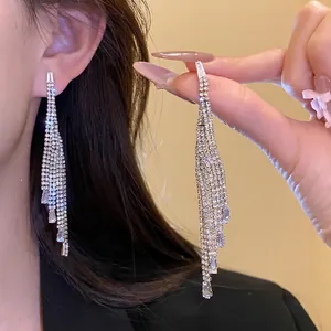 Luxury Copper Zirconia Tassel Drop Earrings Rhinestone Geometric Dangle Jewelry With Silver Earring Post For Women Wedding