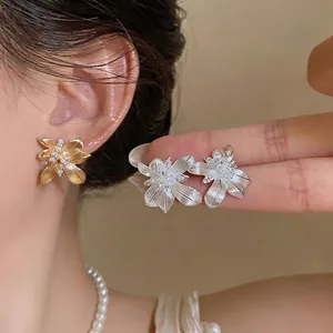 Pendientes de Botón de Flor Vintage Francés Con Poste de Plata de Ley 925 Oro Plata Circonia Incrustada Joyería para Mujer