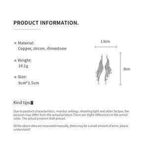 Detail view of elegant zircon rhinestone tassel earrings with specific product measurements.