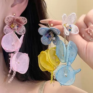 Handmade Chiffon Flower Tassel Earrings Sweet Resort Style Long Drop Earrings With 925 Sterling Silver Earring Post For Women Jewelry