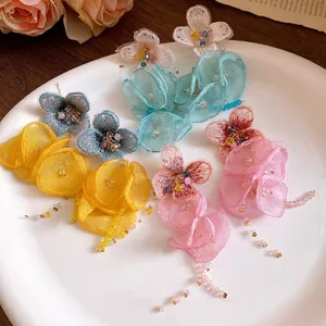 Elegant handmade chiffon flower tassel drop earrings in romantic vacation style