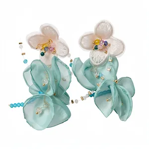 Elegant chiffon flower tassel earrings for women, sweet holiday style fashion jewelry