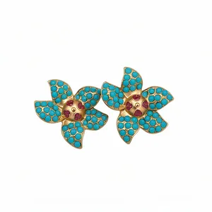 Exquisite vintage gold-tone flower stud earrings featuring turquoise and red stones