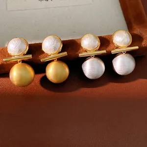 Luxury Brushed Copper Artificial Pearl Stud Earrings For Women With 925 Sterling Silver Post Geometric Round Earrings