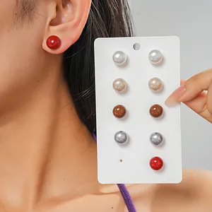 Geometric Artificial Pearl Stud Earrings Set For Women Minimalist Square Round Silver Earring Post Multi Color Earrings Jewelry Gift