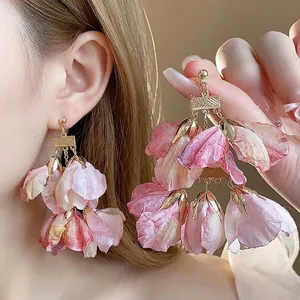 Luxus Stoff Blumen Ohrstecker Mit 925 Sterlingsilber Ohrstecker-Stift Übergroße Florale Ohrhänger Für Damen Schmuck