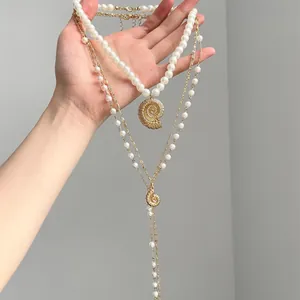 Women Layered Artificial Pearl Necklace With Golden Conch Shell Cross Pendant Vintage Bohemian Long Sweater Chain Jewelry