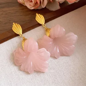 Elegant vintage pink resin flower drop earrings with gold shell shaped stud accents