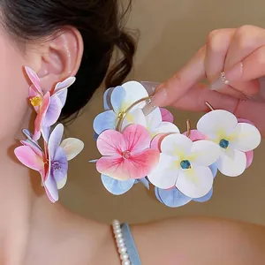 Bohemian 3D Fabric Flower Stud Earrings For Women Gradient Pink Purple Blue Floral Petal Earrings With 925 Sterling Silver Earring Post