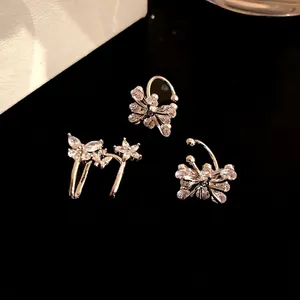 Elegant silver-tone zircon butterfly and floral ear cuff set with sparkling crystal accents