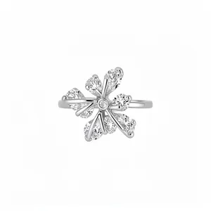 Sparkling silver flower ring with pear-shaped zircon petals on a clean white background