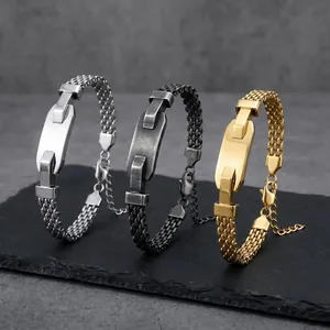 Minimalist Stainless Steel Mesh Bracelet Personalized Geometric Curved Plate Engravable Industrial Style Jewelry For Men Women
