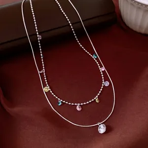Vintage Copper Double Layer Necklace With Multicolored Water Drop Zirconia And Clear Round Pendant For Women Jewelry