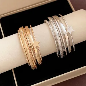 Set di bracciali aperti multistrato vintage con ciondolo a stella minimalista in oro e argento
