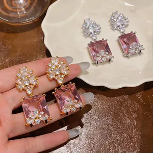 Orecchini a Bottone in Zirconia Quadrata Rosa Stile Coreano Vintage Palazzo Eleganza Perno in Argento Sterling 925 per Donna Gioielli