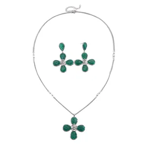 Elegant green flower resin necklace and earrings jewelry set in silver-tone finish