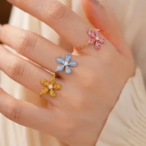 Bagues de chaîne réglables avec motifs de fleurs en cristal colorées en rose bleu et jaune