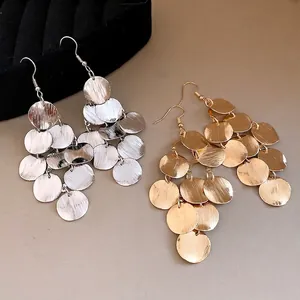 Elegant geometric multi-disc tassel drop earrings in golden and silver finish