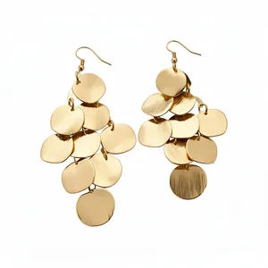 Elegant gold tassel earrings featuring layered brushed-metal geometric round disks