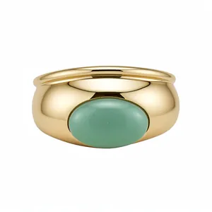Vintage minimalist gold-tone open cuff bracelet with oval green natural stone inlay