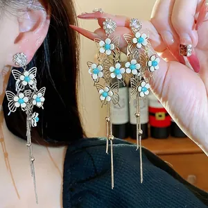 French Luxury Butterfly Flower Tassel Drop Earrings For Women Copper Rhinestone Inlaid 925 Sterling Silver Earring Post Jewelry