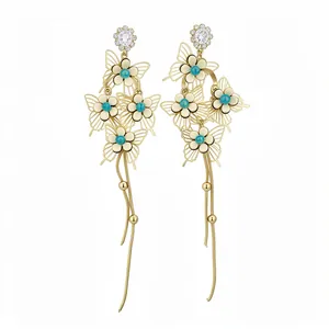 Elegant gold butterfly flower tassel earrings with turquoise beads