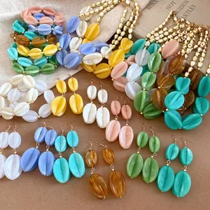 Vintage Acrylic Marble Pattern Beaded Necklace Bracelet Earrings Set Alloy Geometric Statement Jewelry Accessories For Women