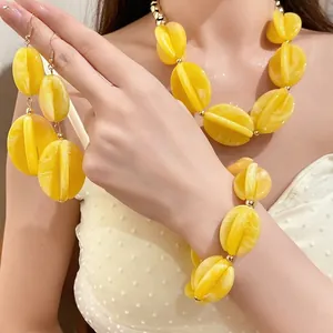 Bold yellow acrylic marbled beaded necklace and earring jewelry set for fashion women