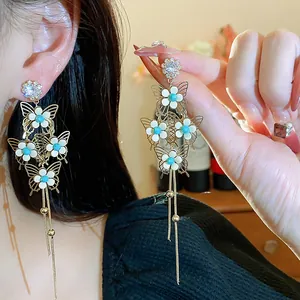 Elegant butterfly flower tassel earrings with sparkling diamond studs French style jewelry