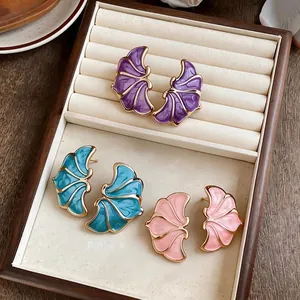Elegant French style enamel flower stud earrings in purple teal and pink vintage set