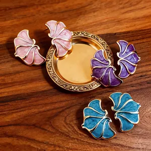 French style elegant enamel flower stud earrings in pink, purple, and blue colors