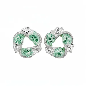 Elegant green and clear zircon whirlpool stud earrings with silver-plated finish