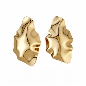 Elegant gold irregular crumpled geometric stud earrings featuring a polished mirror finish