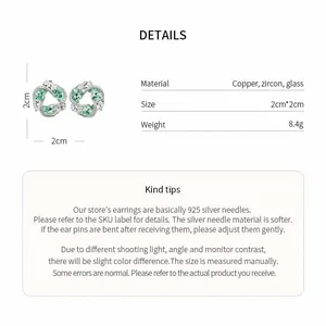 Silver needle zircon glass swirl stud earrings details with material and size guide