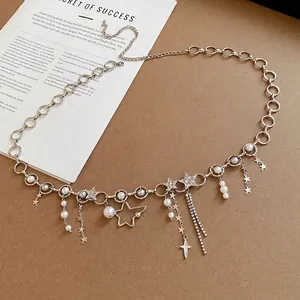 Elegant silver waist chain with pearls, stars and rhinestone tassels for women