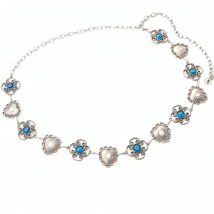 Vintage silver metal waist chain belt with heart and blue stone floral charms for women fashion