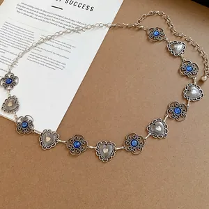 Vintage silver chain waist belt with blue glitter heart and flower charms