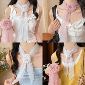 Sweet Japanese Style 3D Flower Long Scarf Polka Dot Floral Print Decorative Neck Scarf Ribbon For Women